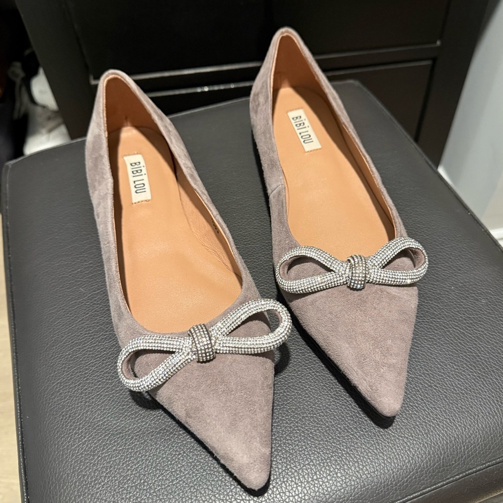 Never worn BibiLou Suede Pointed-Toe Flats with Crystal Bow